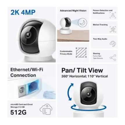 תכונות מצלמת Tapo C222 כולל 2K 4MP חיבור Ethernet וזיהוי חכם