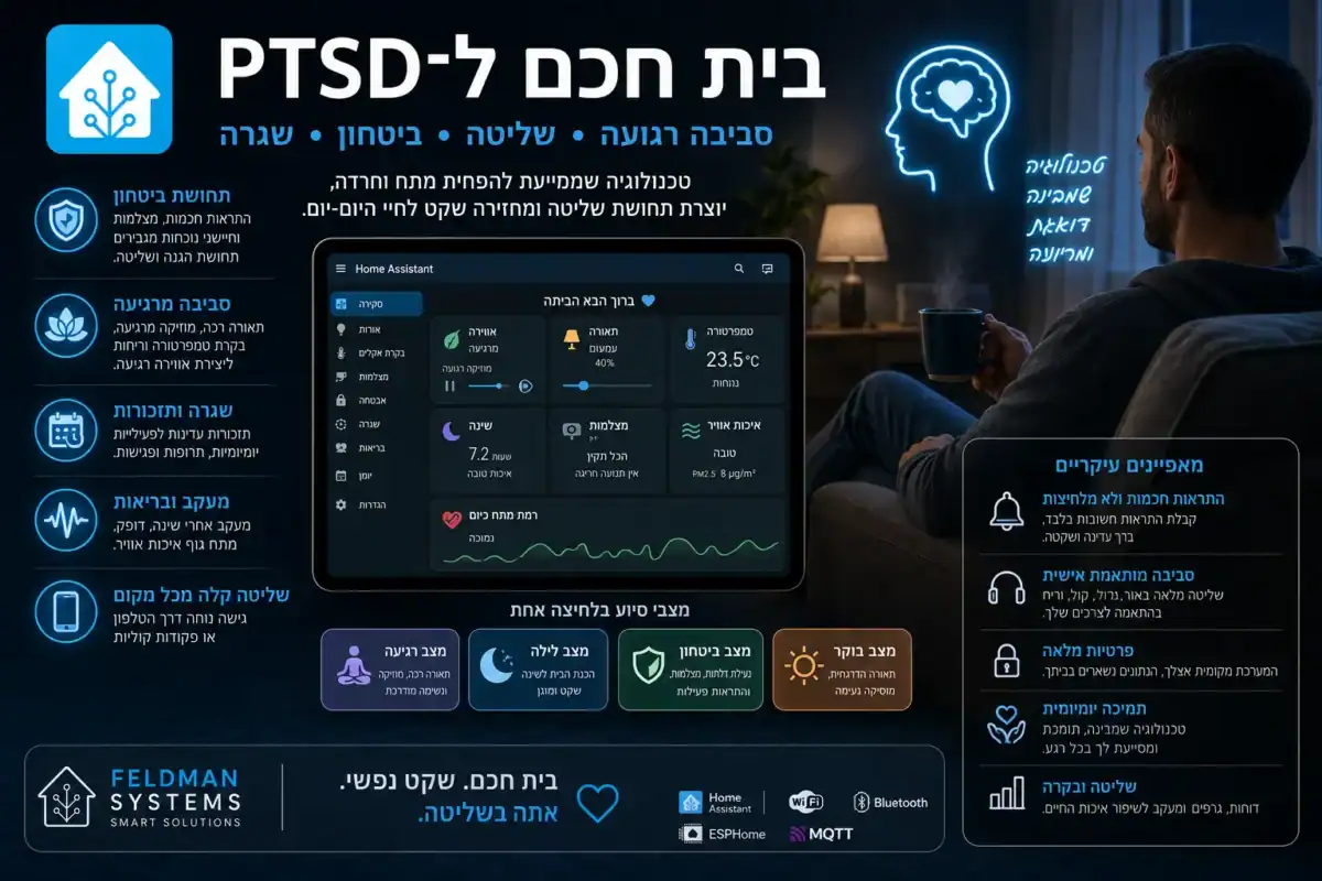 אינפוגרפיקה של בית חכם ו-PTSD: מסך שליטה בערב עם תאורה רכה, מצבי רגיעה, לילה, ביטחון ובוקר