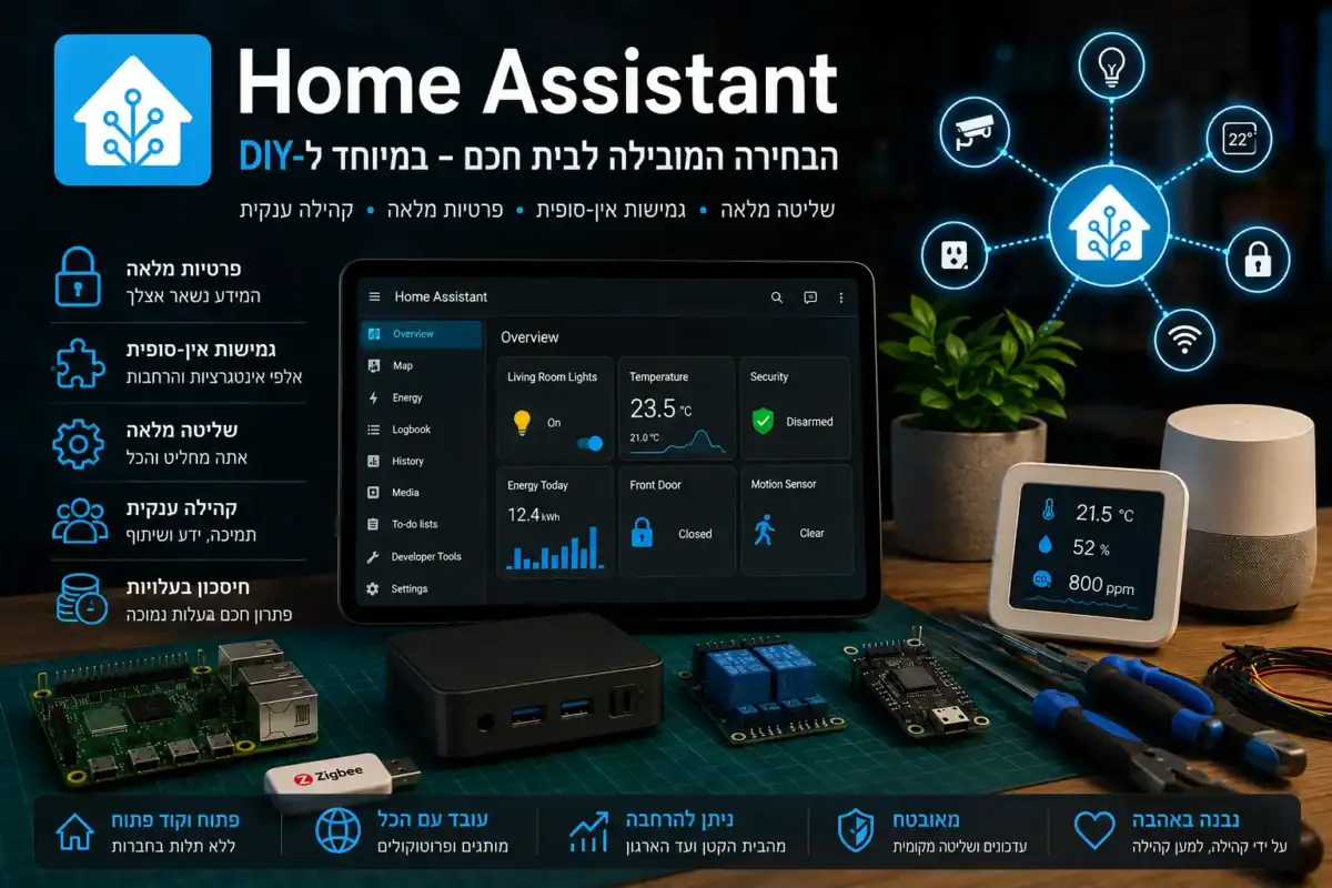אינפוגרפיקה של Home Assistant לבית חכם DIY עם דשבורד, מחשב בקרה, מקל Zigbee וחיישנים