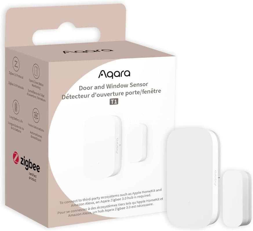 חיישן הדלת והחלון Aqara T1 לצד האריזה עם סימון Zigbee 3.0