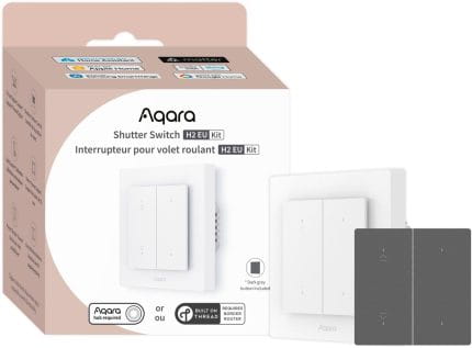 אריזת מתג התריס החכם Aqara H2 עם סמלי Matter ו-Thread