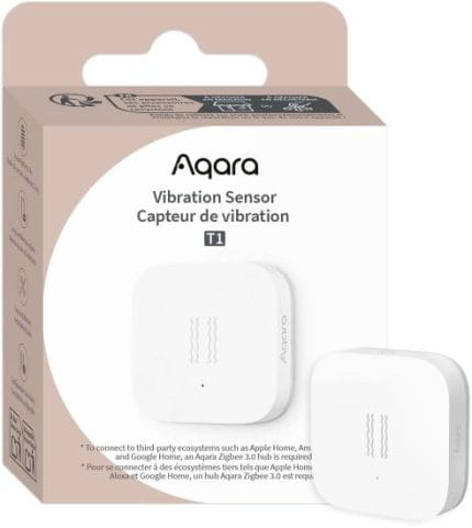 אריזת חיישן הרטט Aqara T1 עם ההערה שנדרשת רכזת Aqara Zigbee 3.0 לחיבור למערכות צד שלישי