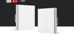 מתגי Aqara H1 בלבן עם פרסי reddot ו-iF ותקן Zigbee; משמאל דגם לחצן יחיד ומימין דגם לחצן כפול