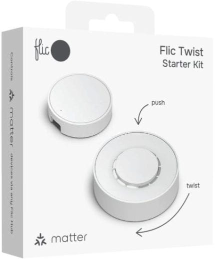אריזת ערכת הבסיס Flic Twist עם בקר השליטה ורכזת Flic Hub Mini