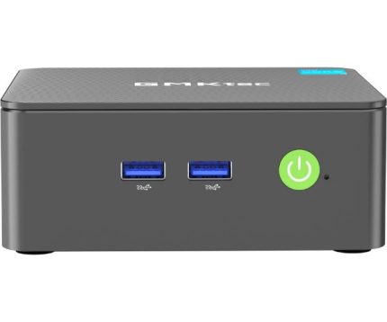 מחשב מיני GMKtec NucBox G3 Pro בצבע אפור, עם כפתור הפעלה ושתי יציאות USB בחזית