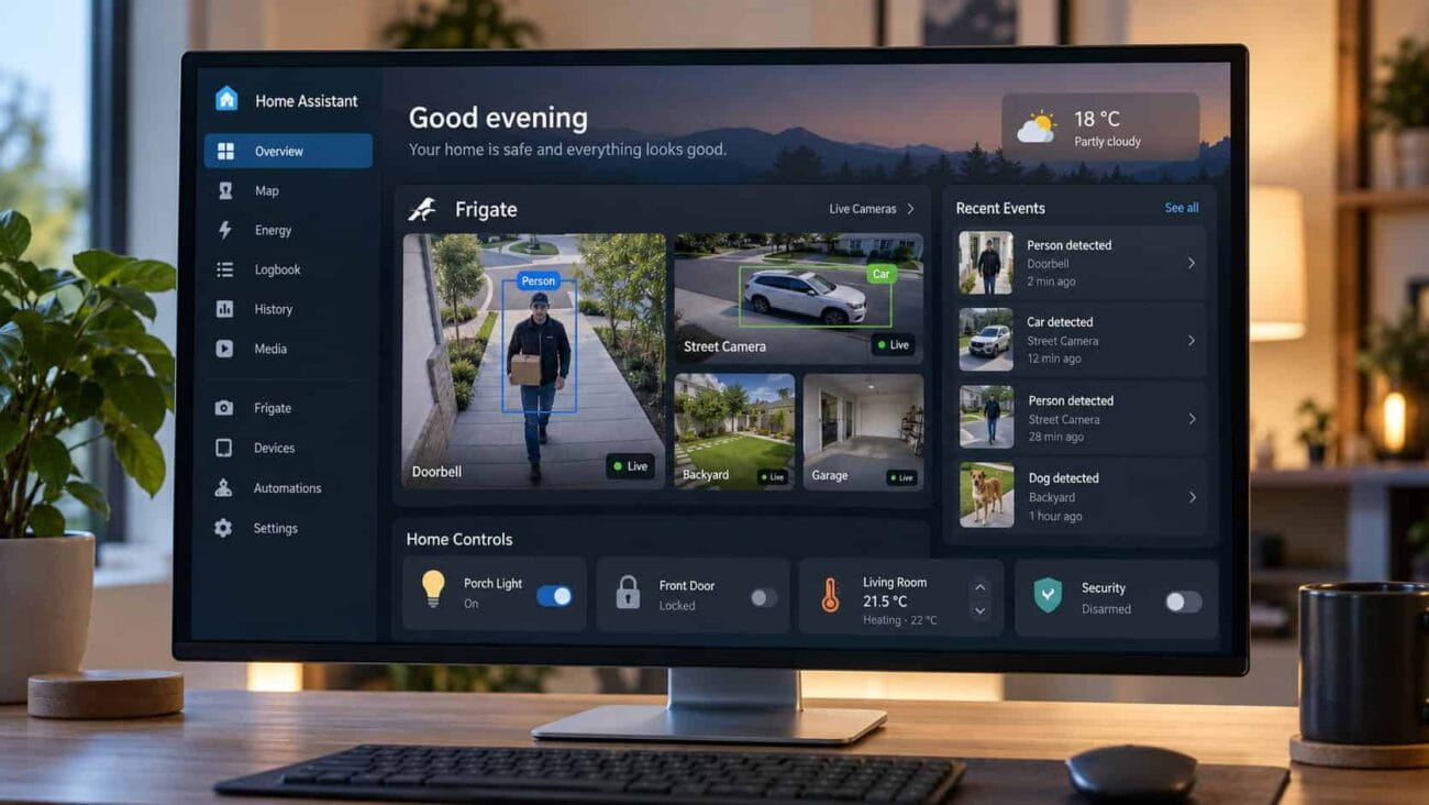 הדמיה של מערכת Frigate משולבת ב־Home Assistant עם מצלמות אבטחה וזיהוי אנשים