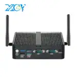 מחשב בקרה תעשייתי XCY N150 ללא מאוורר, חזית עם 4 יציאות USB, שתי יציאות COM ושתי אנטנות Wi-Fi