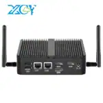 גב מחשב הבקרה XCY N150: שתי יציאות רשת LAN, שתי יציאות HDMI, DisplayPort, שתי יציאות USB וכניסת חשמל 12V